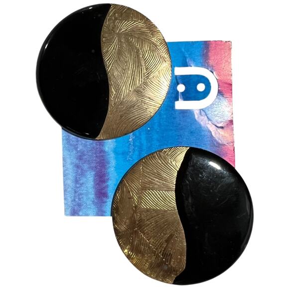 Vintage Gold Black Clip On Earrings Textured Metal Statement Costume - Picture 1 of 3